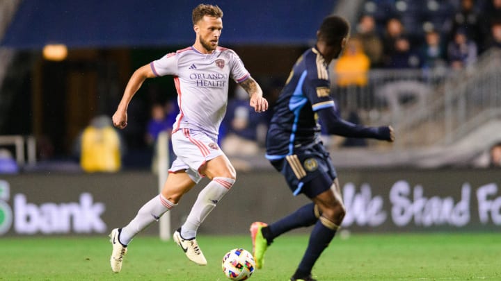 May 11, 2024; Philadelphia, Pennsylvania, USA; Orlando City defender David Brekalo (4) dribbles