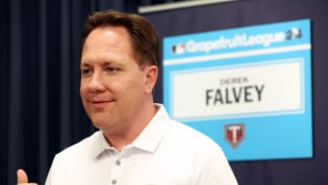 Feb 15, 2024; Tampa, FL, USA; Minnesota Twins president of baseball operations Derek Falvey talks with media at George M. Steinbrenner Field.