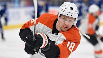 Mar 25, 2025; Toronto, Ontario, CAN;  Philadelphia Flyers forward Rodrigo Abols (18) warms up before playing the Toronto Maple Leafs at Scotiabank Arena. Mandatory Credit: Dan Hamilton-Imagn Images