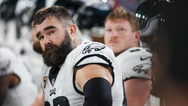 Jan 15, 2024; Tampa, Florida, USA;  Philadelphia Eagles center Jason Kelce (62) looks on from the sideline during the first half of a 2024 NFC wild card game against the Tampa Bay Buccaneers at Raymond James Stadium. Mandatory Credit: Nathan Ray Seebeck-USA TODAY Sports