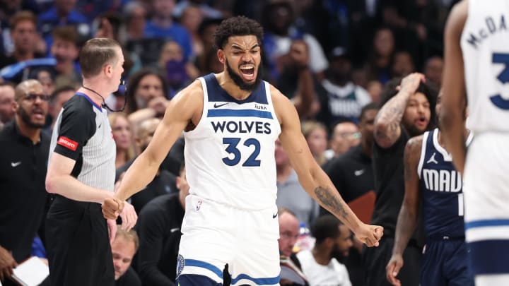 May 28, 2024; Dallas, Texas, USA; Minnesota Timberwolves center Karl-Anthony Towns (32) reacts during the fourth quarter against the Dallas Mavericks in game four of the western conference finals for the 2024 NBA playoffs at American Airlines Center. Mandatory Credit: Kevin Jairaj-USA TODAY Sports