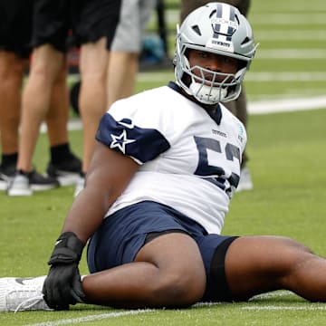Dallas Cowboys guard Tyler Booker goes through a drill during practice at the Ford Center at the Star Training Facility.