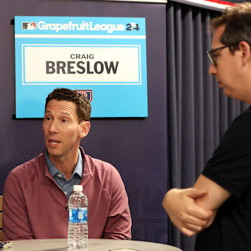 Feb 15, 2024; Tampa, FL, USA; Boston Red Sox chief baseball officer Craig Breslow talks with media at George M. Steinbrenner Field. Mandatory Credit: Kim Klement Neitzel-Imagn Images