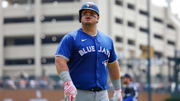 May 26, 2024; Detroit, Michigan, USA; Toronto Blue Jays designated hitter Daniel Vogelbach (20) looks on after an at bat in the third inning of the game against the Detroit Tigers at Comerica Park. Mandatory Credit: Brian Bradshaw Sevald-USA TODAY Sports