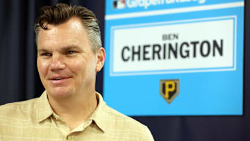 Feb 15, 2024; Tampa, FL, USA; Pittsburgh Pirates general manager Ben Cherington talks with media at George M. Steinbrenner Field. Mandatory Credit: Kim Klement Neitzel-Imagn Images