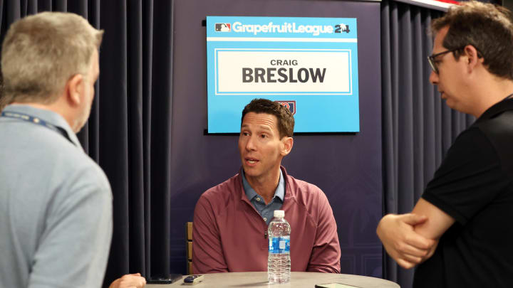 Feb 15, 2024; Tampa, FL, USA; Boston Red Sox chief baseball officer Craig Breslow talks with media at George M. Steinbrenner Field. Mandatory Credit: Kim Klement Neitzel-USA TODAY Sports