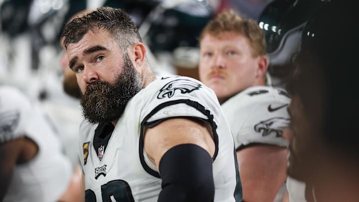 Jan 15, 2024; Tampa, Florida, USA;  Philadelphia Eagles center Jason Kelce (62) looks on from the sideline during the first half of a 2024 NFC wild card game against the Tampa Bay Buccaneers at Raymond James Stadium. Mandatory Credit: Nathan Ray Seebeck-Imagn Images