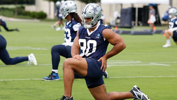 Dallas Cowboys defensive tackle Solomon Thomas goes through a drill during practice at the Ford Center. Dallas Cowboys defensive tackle Solomon Thomas goes through a drill during practice at the Ford Center.