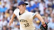 Jul 8, 2025; Milwaukee, Wisconsin, USA;  Milwaukee Brewers pitcher Jacob Misiorowski (32) throws a pitch during the first inning against the Los Angeles Dodgers at American Family Field. Mandatory Credit: Jeff Hanisch-Imagn Images