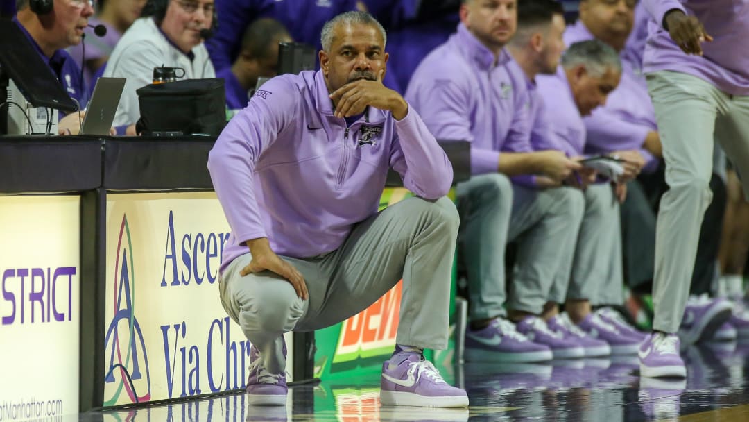 Feb 18, 2023; Manhattan, Kansas, USA; Kansas State Wildcats head coach Jerome Tang looks on during the first half against the Iowa State Cyclones at Bramlage Coliseum. Mandatory Credit: Scott Sewell-USA TODAY Sports