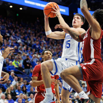 Feb 24, 2024; Lexington, Kentucky, USA; Kentucky Wildcats guard Reed Sheppard (15) goes to the basket during the second half against the Alabama Crimson Tide at Rupp Arena at Central Bank Center. Mandatory Credit: Jordan Prather-USA TODAY Sports