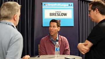 Boston Red Sox chief baseball officer Craig Breslow talks with media at George M. Steinbrenner Field.