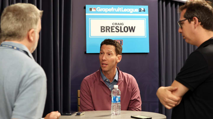 Feb 15, 2024; Tampa, FL, USA; Boston Red Sox chief baseball officer Craig Breslow talks with media at George M. Steinbrenner Field. Mandatory Credit: Kim Klement Neitzel-USA TODAY Sports