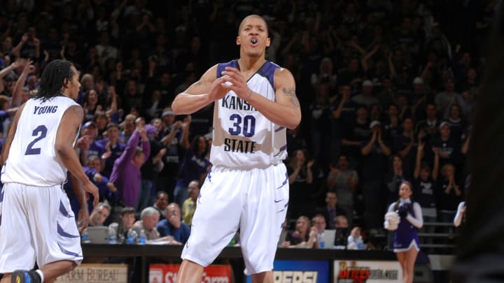 Jan 19, 2008; Manhattan, KS, USA; Kansas State Wildcats forward Michael Beasley (30) reacts after hitting a three-point basket in the second half against the Texas A&M Aggies at Bramlage Coliseum.  Kansas State defeated Texas A&M 75-54. Mandatory Credit: Peter G. Aiken-USA TODAY Sports