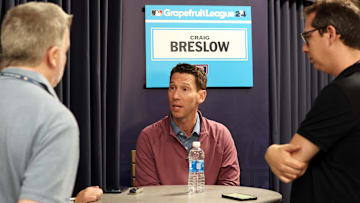 Feb 15, 2024; Tampa, FL, USA; Boston Red Sox chief baseball officer Craig Breslow talks with media