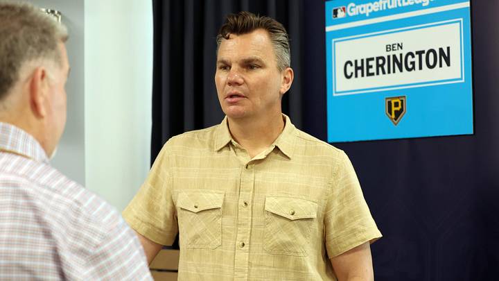 Feb 15, 2024; Tampa, FL, USA; Pittsburgh Pirates general manager Ben Cherington talks with media at George M. Steinbrenner Field. Mandatory Credit: Kim Klement Neitzel-Imagn Images
