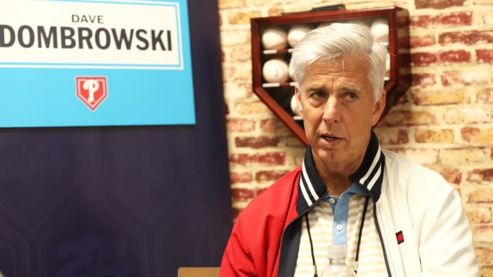 Feb 15, 2024; Tampa, FL, USA;  Philadelphia Phillies president of baseball operations David Dombrowski talks with media at George M. Steinbrenner Field. 