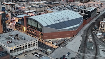 A general overall aerial view of the Gainbridge Fieldhouse. The arena is the home of the Indiana Pacers. 
