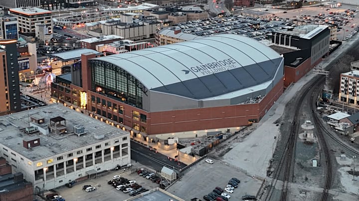 A general overall aerial view of the Gainbridge Fieldhouse. The arena is the home of the Indiana Pacers. 