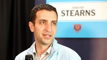 Feb 15, 2024; Tampa, FL, USA; New York Mets president of baseball operations David Stearns talks with media at George M. Steinbrenner Field. Mandatory Credit: Kim Klement Neitzel-Imagn Images