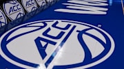 Mar 8, 2024; Greensboro, NC, USA; General view of the ACC logo before the game between Notre Dame vs Louisville at Greensboro Coliseum. Mandatory Credit: David Yeazell-Imagn Images