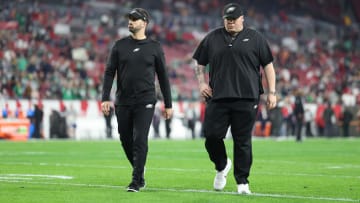 Jan 15, 2024; Tampa, Florida, USA; Philadelphia Eagles head coach Nick Sirianni and chief security officer Dom DiSandro walk off the field before a 2024 NFC wild card game against the Tampa Bay Buccaneers during an NFL NFC Wild Card playoff game at Raymond James Stadium. Mandatory Credit: Nathan Ray Seebeck-USA TODAY Sports