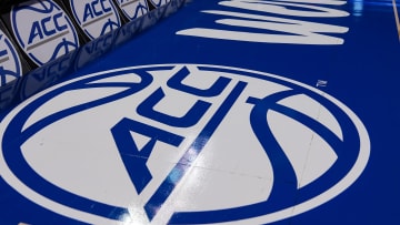 Mar 8, 2024; Greensboro, NC, USA; General view of the ACC logo before the game between Notre Dame vs Louisville at Greensboro Coliseum. Mandatory Credit: David Yeazell-USA TODAY Sports