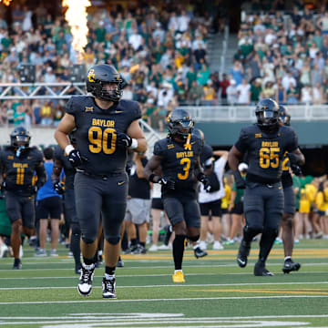 Sep 20, 2025; Waco, Texas, USA; The Baylor Bears take the field before opening kickoff against the Arizona State Sun Devils at McLane Stadium. Mandatory Credit: Chris Jones-Imagn Images