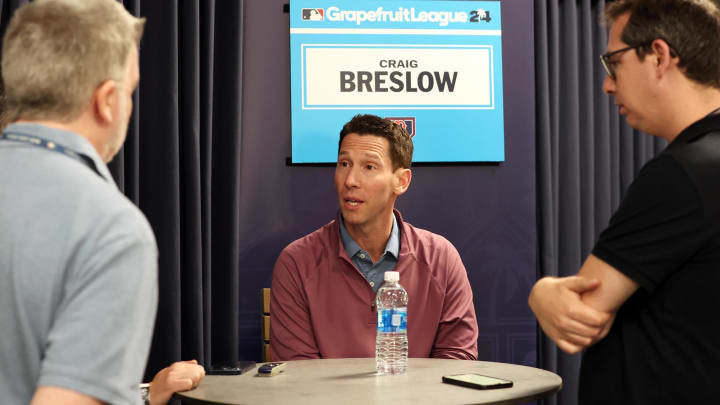 Feb 15, 2024; Tampa, FL, USA; Boston Red Sox chief baseball officer Craig Breslow talks with media at George M. Steinbrenner Field. Mandatory Credit: Kim Klement Neitzel-USA TODAY Sports