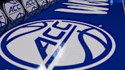Mar 8, 2024; Greensboro, NC, USA; General view of the ACC logo before the game between Notre Dame vs Louisville at Greensboro Coliseum. Mandatory Credit: David Yeazell-Imagn Images