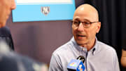 Feb 15, 2024; Tampa, FL, USA; New York Yankees general manager Brian Cashman talks with media at George M. Steinbrenner Field. Mandatory Credit: Kim Klement Neitzel-Imagn Images