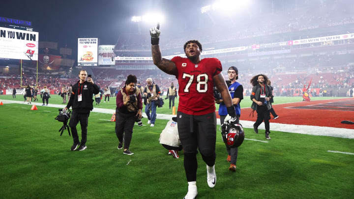 Jan 15, 2024; Tampa, Florida, USA; Tampa Bay Buccaneers offensive tackle Tristan Wirfs (78) reacts after a victory against the Philadelphia Eagles in a 2024 NFC wild card game at Raymond James Stadium. Mandatory Credit: Kim Klement Neitzel-USA TODAY Sports