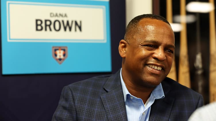 Feb 15, 2024; Tampa, FL, USA; Houston Astros general manager Dana Brown talks with media at George M. Steinbrenner Field. Mandatory Credit: Kim Klement Neitzel-USA TODAY Sports