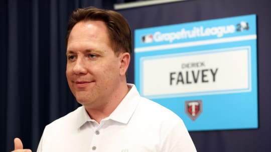 Feb 15, 2024; Tampa, FL, USA; Minnesota Twins president of baseball operations Derek Falvey talks with media at George M. Steinbrenner Field. Mandatory Credit: Kim Klement Neitzel-USA TODAY Sports