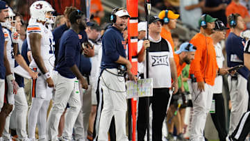 Aug 29, 2025; Waco, Texas, USA; Auburn Tigers head coach Hugh Freeze reactsagainst the Baylor Bears during the second half at McLane Stadium. Mandatory Credit: Chris Jones-Imagn Images