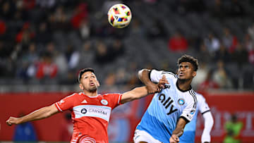 Chicago Fire FC defender Mauricio Pineda (22) and Charlotte FC defender Adilson Malanda (29)  