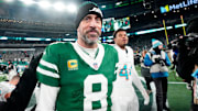 New York Jets quarterback Aaron Rodgers is shown after he led Gang Green to a 32-20 victory against the Miami Dolphins