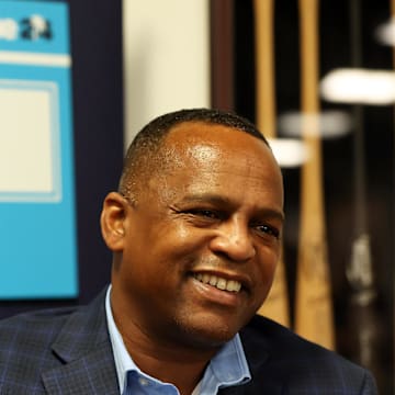 Feb 15, 2024; Tampa, FL, USA; Houston Astros general manager Dana Brown talks with media at George M. Steinbrenner Field. 