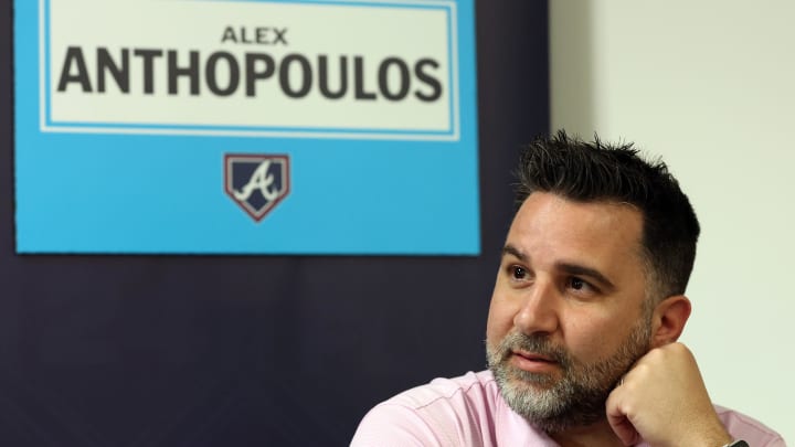 Feb 15, 2024; Tampa, FL, USA; Atlanta Braves general manager and president of baseball operations Alex Anthopoulos talks with media at George M. Steinbrenner Field. Mandatory Credit: Kim Klement Neitzel-USA TODAY Sports