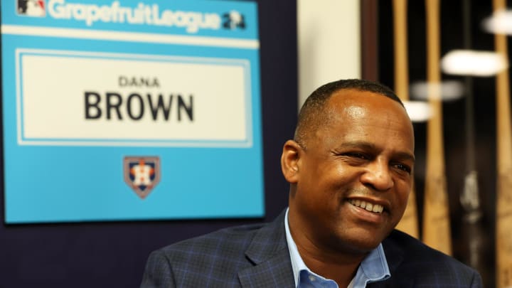 Feb 15, 2024; Tampa, FL, USA; Houston Astros general manager Dana Brown talks with media at George M. Steinbrenner Field. 