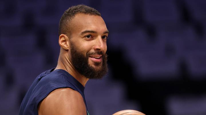 Apr 22, 2025; Los Angeles, California, USA; Minnesota Timberwolves center Rudy Gobert (27) warms up before a game two of first round for the 2024 NBA Playoffs against the Los Angeles Lakers at Crypto.com Arena. Mandatory Credit: Kiyoshi Mio-Imagn Images