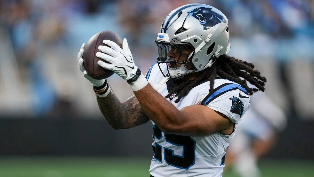 Carolina Panthers running back Jonathon Brooks (25) catches the ball during Fanfest at Bank of America Stadium. Mandatory Credit: Jim Dedmon-Imagn Images