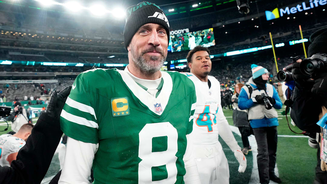New York Jets quarterback Aaron Rodgers (8) is shown after he led Gang Green to a 32-20 victory against the Miami Dolphins, on Jan. 5, 2025, in East Rutherford, N.J.