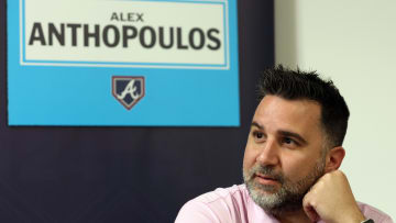 Feb 15, 2024; Tampa, FL, USA; Atlanta Braves general manager and president of baseball operations Alex Anthopoulos talks with media at George M. Steinbrenner Field. Mandatory Credit: Kim Klement Neitzel-USA TODAY Sports