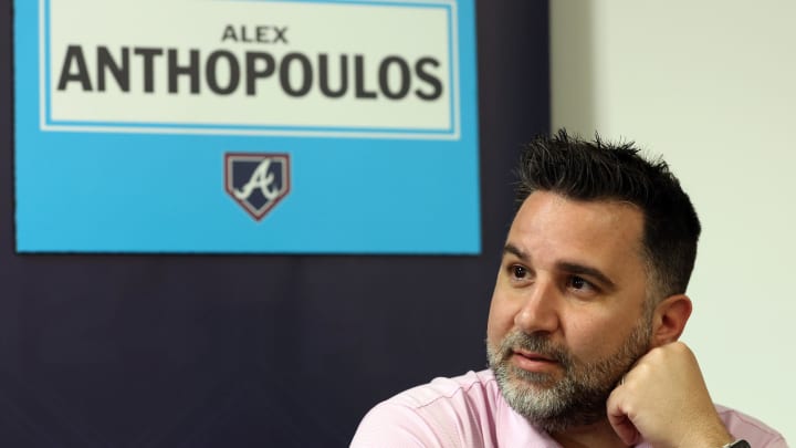 Feb 15, 2024; Tampa, FL, USA; Atlanta Braves general manager and president of baseball operations Alex Anthopoulos talks with media at George M. Steinbrenner Field. Mandatory Credit: Kim Klement Neitzel-USA TODAY Sports