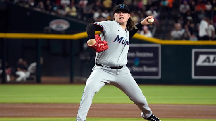 May 26, 2024; Phoenix, Arizona, USA; Miami Marlins pitcher Ryan Weathers (60) throws against the Arizona Diamondbacks in the first inning at Chase Field. Mandatory Credit: Rick Scuteri-USA TODAY Sports