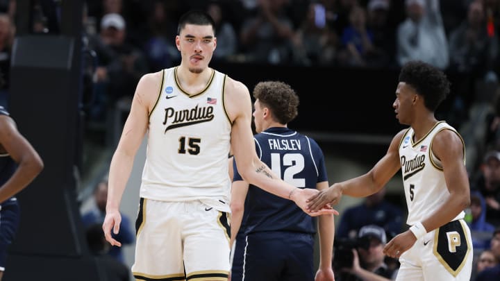 Purdue Boilermakers center Zach Edey and guard Myles Colvin celebrate 