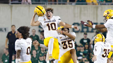 Sep 20, 2025; Waco, Texas, USA; Arizona State Sun Devils quarterback Sam Leavitt (10) reacts after the Arizona State Sun Devils defeat the Baylor Bears 27-24 at McLane Stadium. Mandatory Credit: Chris Jones-Imagn Images