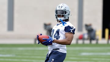 Dallas Cowboys running back Jaydon Blue goes through a drill during practice at the Ford Center at the Star Training Facility 