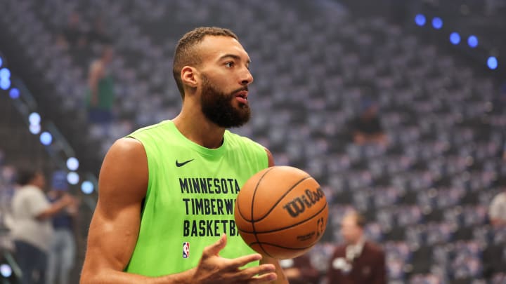 May 28, 2024; Dallas, Texas, USA; Minnesota Timberwolves center Rudy Gobert (27) warms up before game four against the Dallas Mavericks in the western conference finals for the 2024 NBA playoffs at American Airlines Center. Mandatory Credit: Jerome Miron-USA TODAY Sports